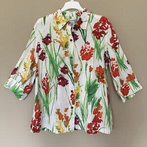 Chicos 100% Linen Floral 3/4 Sleeve Button Shirt Women XL (3) Spring Summer Top